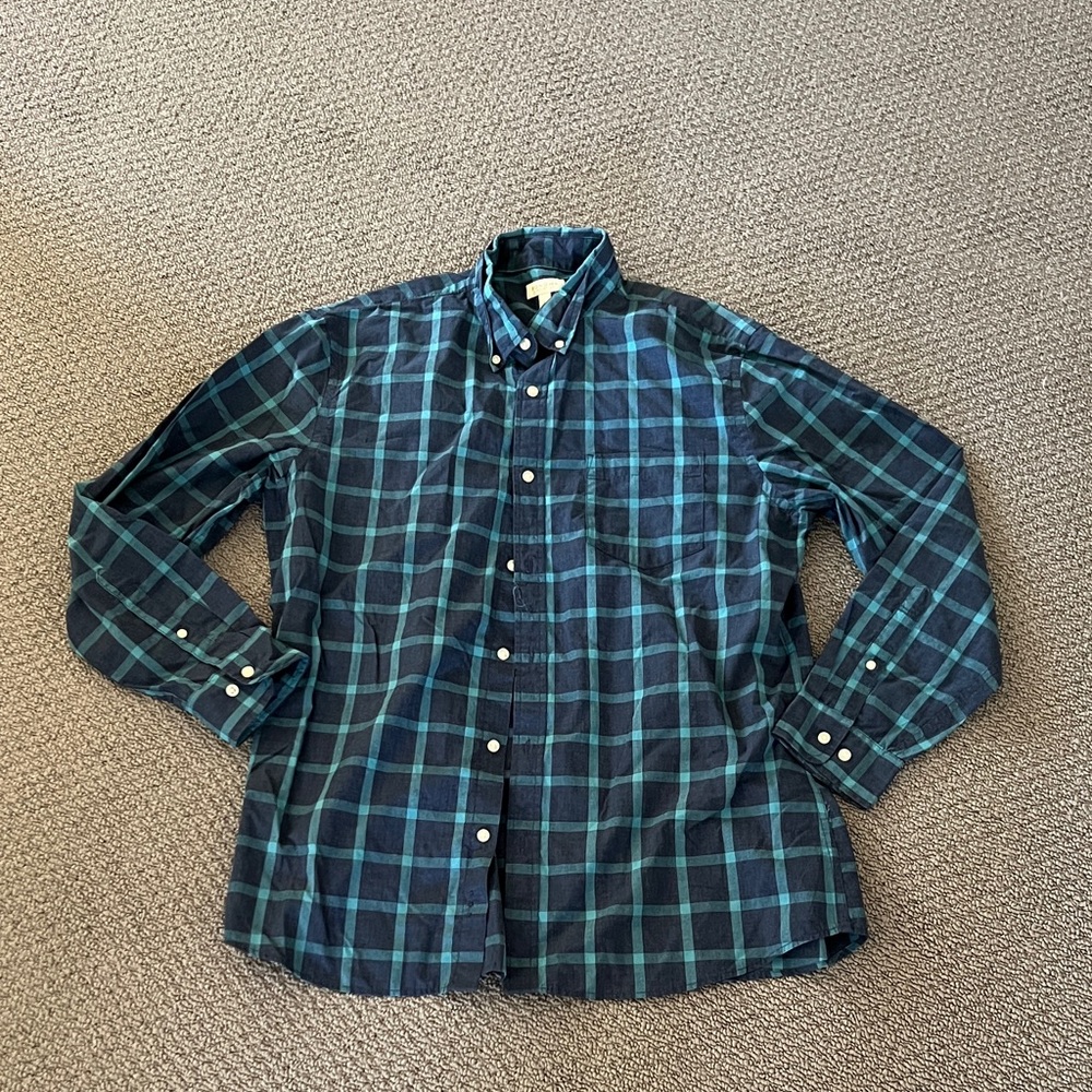 Men's Navy and Teal Plaid Button-Down Shirt